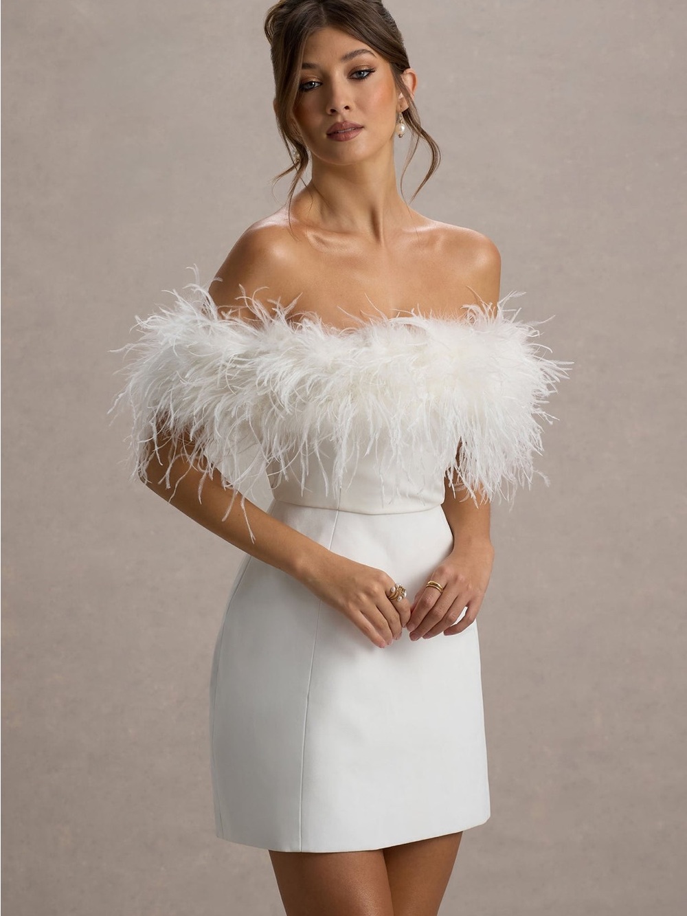 Club L London Off-Shoulder Feather Trim White Mini Dress - Picture 4 of 6